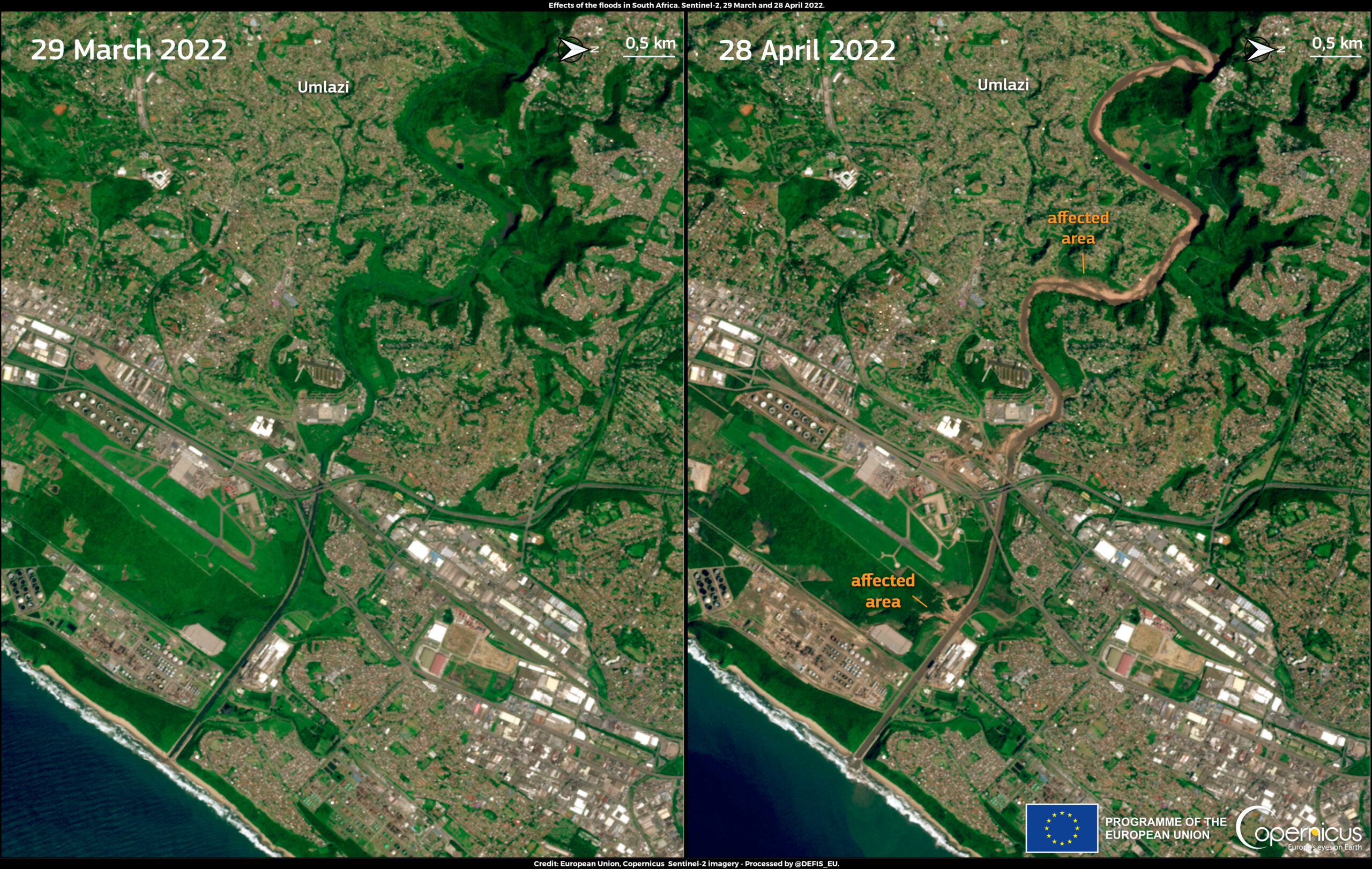 Copernicus Sentinel-2 satellite image showing flood damage around Durban, KwaZulu-Natal, April 2022