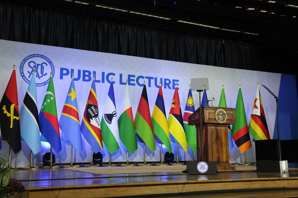 Flags of the SADC member states on stage at the Durban International Convention Centre for the 46th SADC Summit
